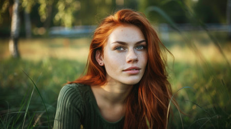 A young woman, with red hair and freckles, is comfortably seated on the grass outdoors, framed by nature and bathed in natural lightの素材