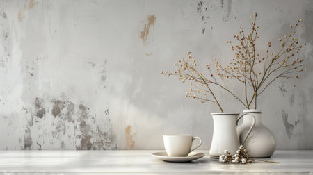 A cup, saucer, vases, flowers on a table with dishware, drinkware, serveware, plants, window, twig in the background in grey huesの素材