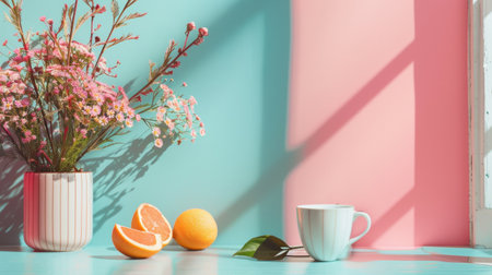 On the table, there is a vase filled with flowers, vibrant oranges, and a cup of coffee. It creates a fresh and inviting sceneの素材