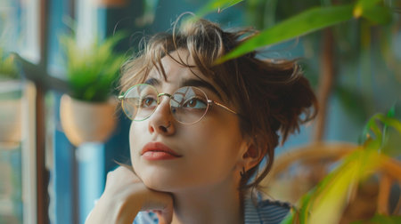 A woman with black hair is wearing glasses and looking out a window, feeling happy. The scene conveys a sense of leisure and fun, emphasizing eyewear and vision careの素材