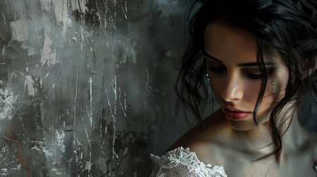 A woman with long hair is wearing a white dress and standing by a window with raindrops on it. The scene is enhanced by the play of light and shadowの素材