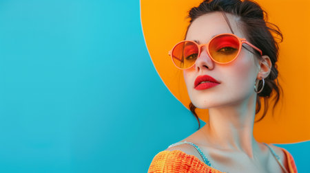 A woman is standing in front of a blue and orange background, wearing sunglasses and a hat. Keywords include Nose, Head, Glasses, Lip, Lipstick, Eyebrow, Vision care, Sunglasses, Eyelash, Gogglesの素材