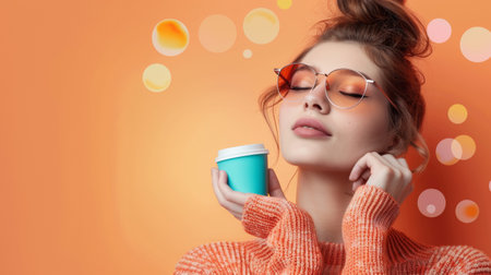 The woman with closed eyes, sunglasses, holding coffee. Keywords lip, eyebrow, eyelash, lipstick, neck. She appears happy in the imageの素材