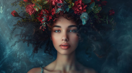 The woman looks happy with a wreath of flowers adorning her black hair, standing in front of a tree. She is the subject of an art piece captured with flash photographyの素材