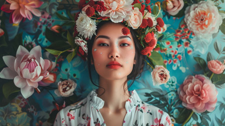 A woman is reclining in a bathtub with flowers adorning her hair, creating a serene and elegant imageの素材