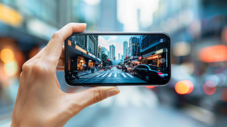 A person taking a picture on a city street with a cell phone, with keywords like Automotive lighting, Mobile phone, Eyewearの素材