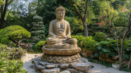 A peaceful Buddha statue sits in a beautifully manicured garden surrounded by greenery and tranquility.の素材