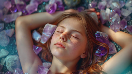 Serene girl with closed eyes lying amidst purple crystals, conveying calmness and dreamlike tranquility.の素材