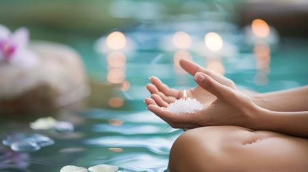 An image depicting hands holding spa salts with candles in water symbolizes relaxation, wellness, and tranquilityの素材