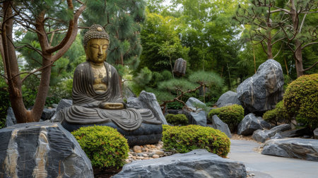 A tranquil Zen garden featuring a Buddha statue surrounded by rocks, greenery, and natural elements.の素材