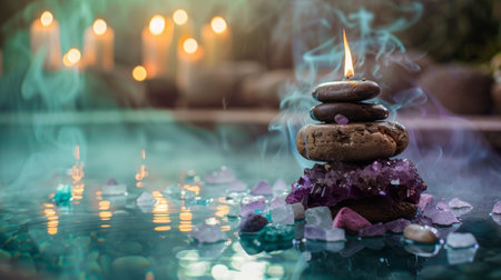 Zen stones balanced on crystals with soothing candlelight and steam, perfect for spa ambiance and relaxation.の素材
