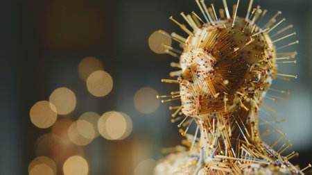 Abstract golden figure with spiky projections on bokeh background, creating modern artistic sculptureの素材