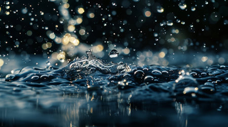 A close-up shot capturing water droplets splashing with a beautiful bokeh effect in the background.の素材