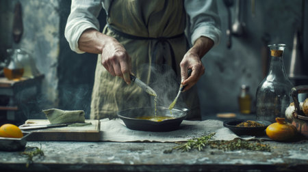 A chef in an apron preparing a dish with herbs and spices in a rustic kitchen setting, emphasizing culinary skills and gourmet cooking.の素材