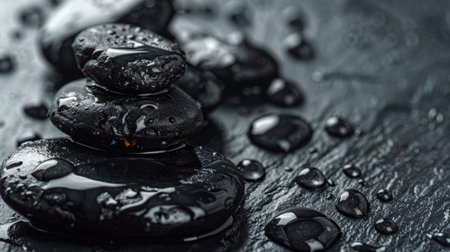 Close-up of wet black stones with water droplets on a dark textured surface, evoking a sense of calm and relaxation.の素材