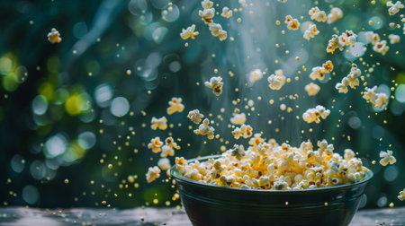 Dynamic image of popcorn falling into a bowl with a blurred natural background, creating a playful and vibrant scene.の素材