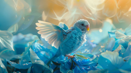 A beautiful blue parakeet perched among delicate flowers with soft lighting. Ideal for themes of nature, wildlife, and tranquility.の素材