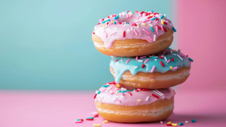 A stack of donuts with pink and blue frosting, topped with colorful sprinkles. Perfect for themes of dessert, sweets, and indulgence.の素材