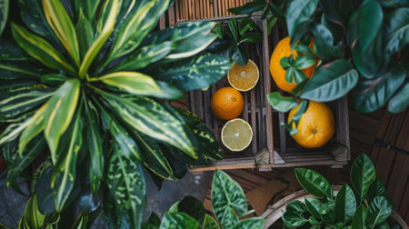 A top view of fresh citrus fruits placed among lush green plants. Ideal for themes of nature, freshness, and organic living.の素材