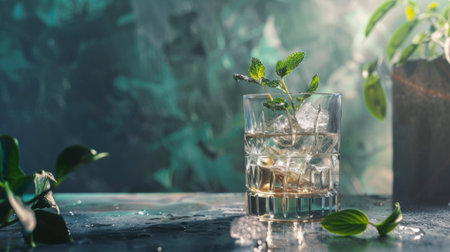 A refreshing drink in a glass with ice and fresh mint leaves. Ideal for themes of beverages, freshness, and relaxation.の素材