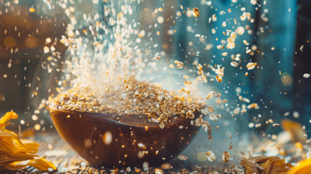 Dynamic shot of cereal grains exploding out of a wooden bowl, capturing the motion and energy of breakfast preparation.の素材