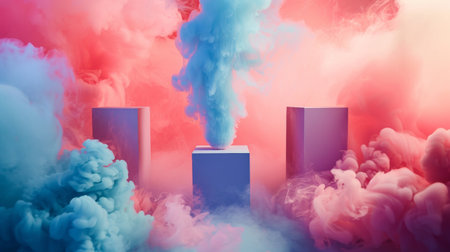 Vibrant blue and pink smoke swirling around abstract shapes on a gradient background, creating a dynamic and surreal scene.の素材