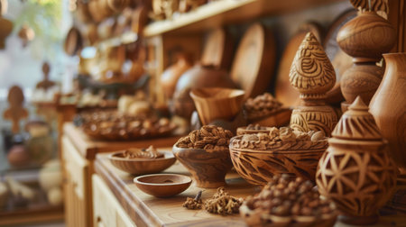 A display of handcrafted wooden bowls and decorations, showcasing intricate designs and natural textures in a cozy setting.の素材