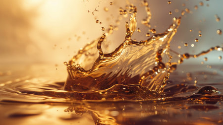 A dynamic splash of liquid captured in warm golden light, creating an abstract and visually striking scene.の素材