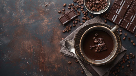 A warm cup of coffee accompanied by chocolate pieces and scattered coffee beans on a rustic background.の素材