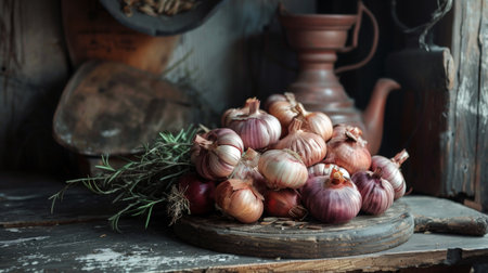 A bunch of fresh garlic bulbs on a wooden surface with a rustic background, highlighting organic produce.の素材