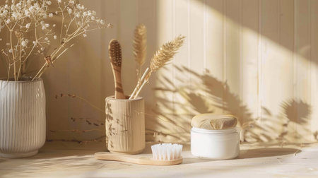 A minimalist arrangement of bathroom accessories in warm sunlight, creating a serene and clean atmosphere.の素材