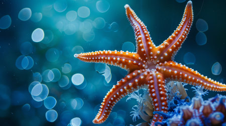 Close-up of an orange starfish underwater with a dreamy blue bokeh background, highlighting marine life.の素材