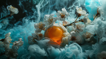 A creative and artistic composition featuring an egg yolk surrounded by delicate white flowers and swirling smoke.の素材
