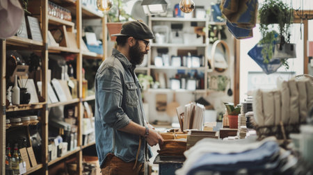 A bearded man wearing a cap and denim jacket shopping in a cozy store filled with various items and plants.の素材