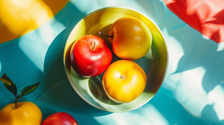 A bowl of fresh fruits including apples and oranges on a vibrant, colorful background with shadows.の素材