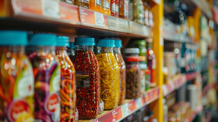 A close-up view of colorful jars filled with various food items on a supermarket shelf, creating a vibrant display.の素材