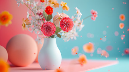 A beautiful vase of colorful flowers with a soft-focus background in pink and blue hues, creating a dreamy and cheerful atmosphere.の素材