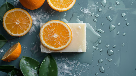 Sliced oranges and a bar of soap on a wet surface with water drops and green leaves.の素材