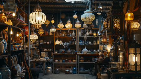A cozy traditional antique shop interior filled with various lanterns, pottery, and vintage items, warmly lit.の素材
