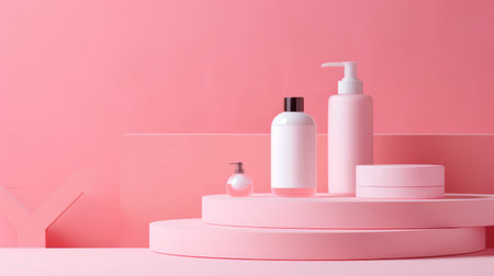 Elegant minimalist display of pink skincare products, including bottles and jars, on pastel pink platforms.の素材