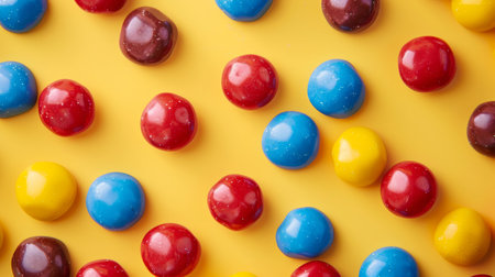 Brightly colored candies scattered on a yellow background, featuring red, blue, yellow, and brown glossy candy pieces.の素材