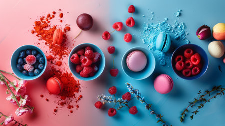 Assorted macarons and fresh berries arranged on a vibrant pink and blue dual-toned background, creating a visually appealing and colorful display.の素材