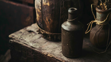 Close-up of rustic vintage bottles on an old wooden surface with a dark background. Perfect for antique, vintage, and rustic decor themes.の素材
