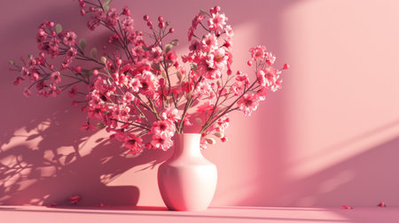 Aesthetic pink flower arrangement in a minimalist vase with a soft pink background. Ideal for floral decor and interior design themes.の素材