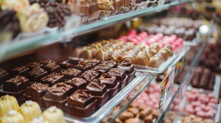 Close-up of assorted chocolates arranged in a display case. Ideal for themes of confectionery, indulgence, and gourmet treats.の素材