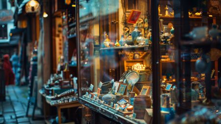 Charming vintage shop window display in an old town, showcasing antique items and collectibles. Perfect for themes of nostalgia and history.の素材
