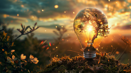 Tree inside a light bulb with a beautiful sunset background, symbolizing creativity, innovation, and environmental conservation.の素材