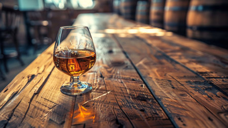 A glass of whiskey sits on a rustic wooden table in a cozy bar setting with barrels in the background.の素材