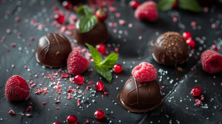 Elegant dark chocolate truffles garnished with fresh raspberries, mint leaves, and sprinkled sugar on a dark surface.の素材