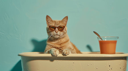 A ginger cat wearing sunglasses sits in a bathtub next to a glass of juice against a teal background.の素材